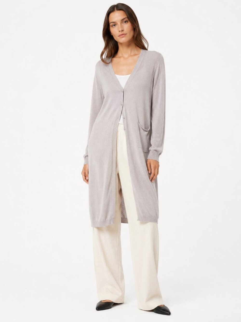 UCHUU MTL GREY CLAY HALF BUTTONED VISCOSE KNIT LONG CARDIGAN - L / XL